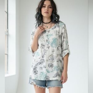 Orchadia Blouse Peasant Boho Linen Pintuck White Blue Festival Summer L